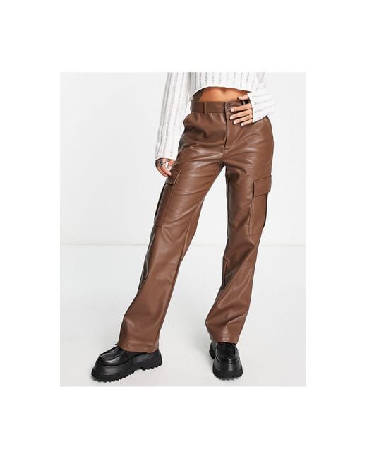 Stradivarius Str Faux Leather Straight Leg Cargo Trouser in Brown