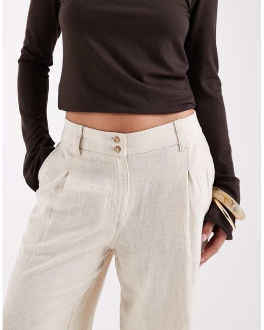 ASOS Natural Asos Design Petite Wide Leg Trousers With Pleat Detail
