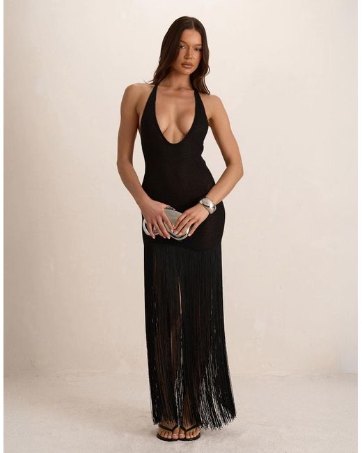 Missy Empire Black Fringe Knitted Dress