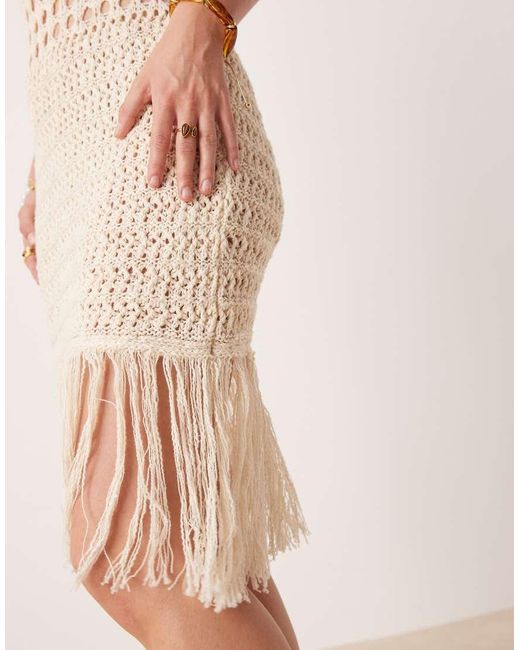 ASOS Natural Knitted Stitch Crochet Mini Dress With Fringe Detail