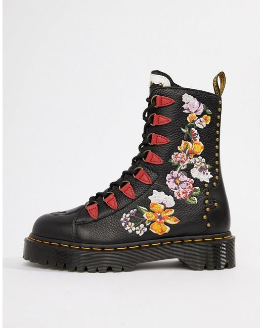 Dr. Martens Nyberg Black Leather Embroidered Flatform Boots | Lyst
