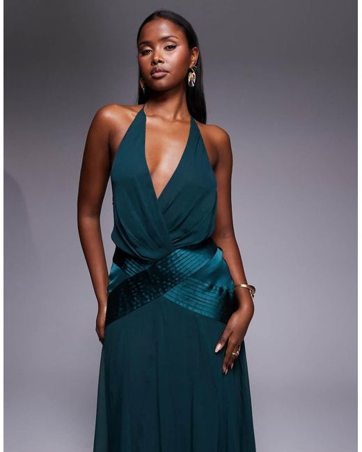 ASOS Blue Halter Wrap Godet Semi Sheer Panelled Maxi Dress With Beaded Straps