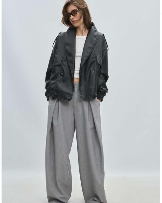 Stradivarius Gray Quilted Leather Effect Boxy Jacket