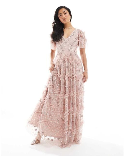 Maya Pink Fully Embellished Short Sleeve V Neck Ruffle Maxi Dress