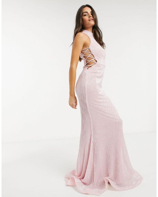 high neck pink maxi dress