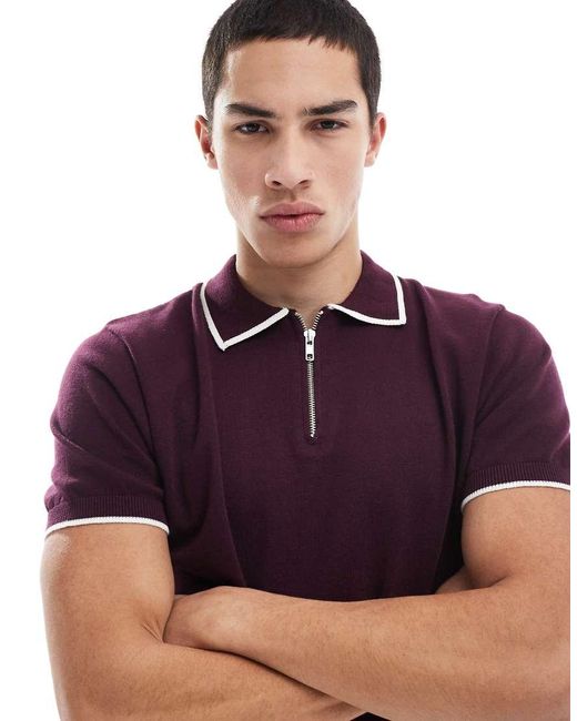 Brave Soul Gebreid Poloshirt Met Contrasterende Biezen in het Purple voor heren