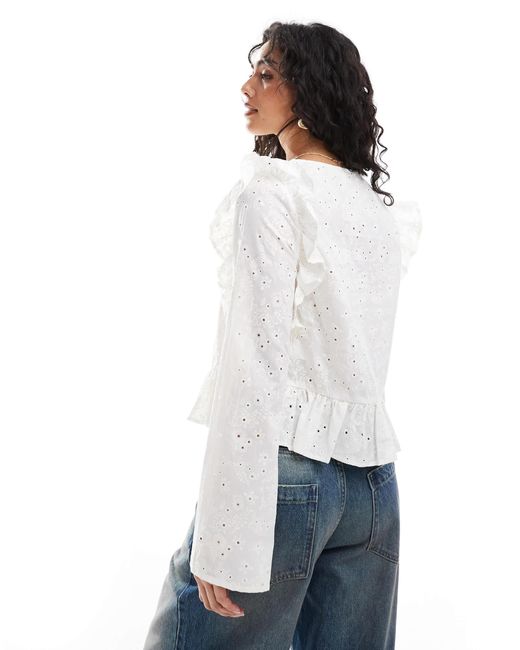 Object White Tie Front Long Sleeved Blouse With Ruffles