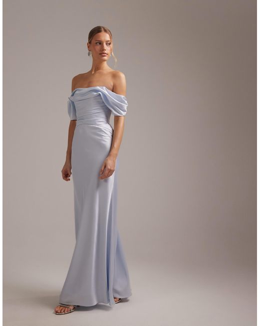 ASOS Blue Bridesmaids Bardot Satin Maxi Dress