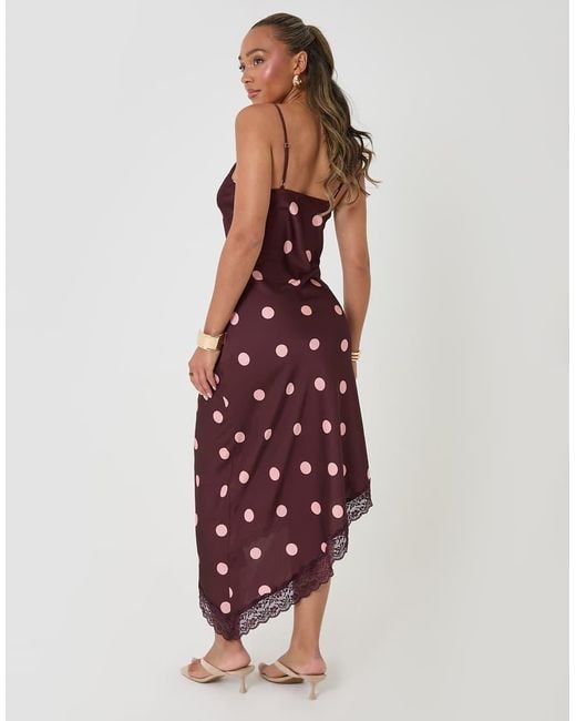Threadbare Red Polka Dot Satin Lace Trim Maxi Dress