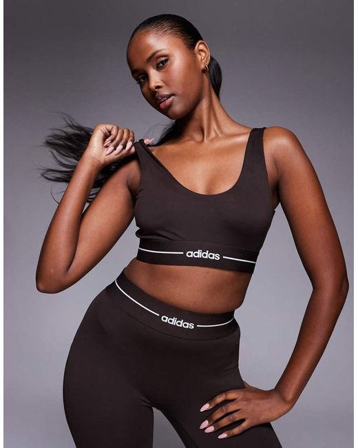 Adidas Originals Brown Adidas Training Hyperglam Linear Low Support Sports Bra