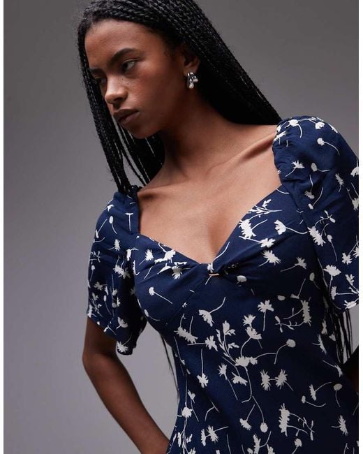 & Other Stories Blue Puff Sleeve Midaxi Dress With Twist Sweetheart Neckline