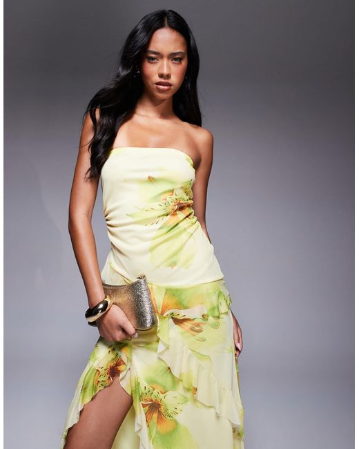 Robe bandeau mi-longue à volants en tulle - imprimé fleurs ASOS en coloris Multicolor