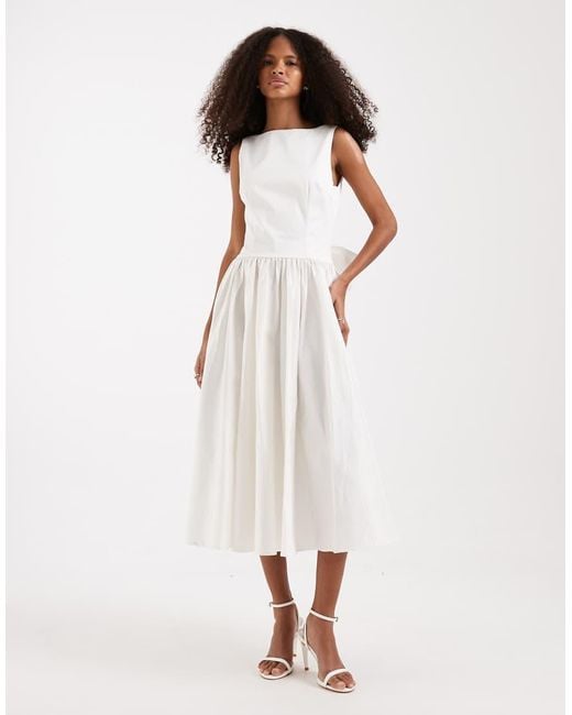 TFNC London Natural Bridal Boat Neck Bow Back Cotton Midi Dress
