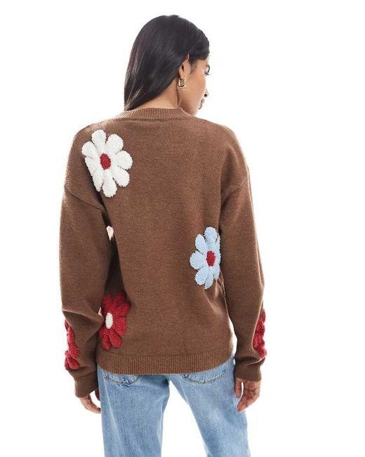 Daisy Street Brown V Neck Cardigan With Flowers