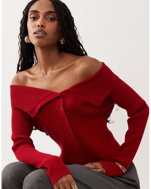 Miss Selfridge Red Fold Over Bardot Kitted Rib Top