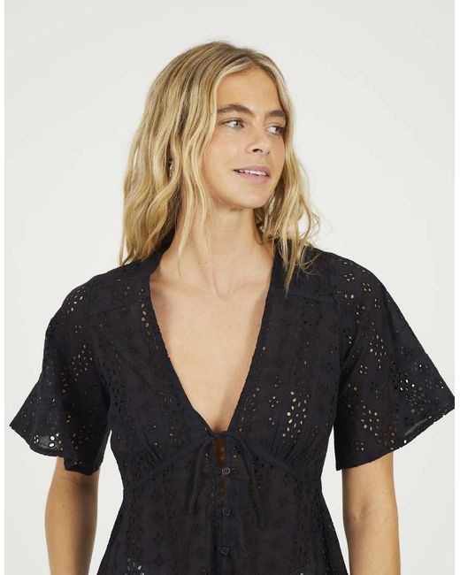 Brave Soul Blue Cotton Broidery V-Neck Short Sleeve Top