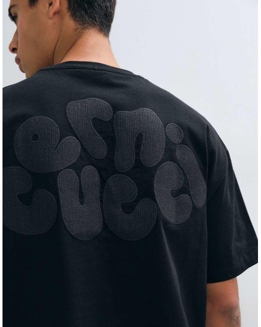 CERNUCCI Black Chain Stitch Back Logo Embroidered Boxy T-Shirt for men