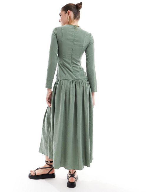 ASOS Green Dropped Waist Maxi Dress With Long Sleeves