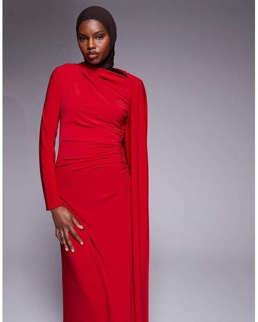 DASKA Red Slinky Cape Detail Maxi Dress