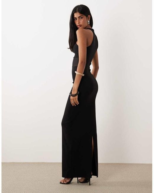 Vesper Black Bengaline High Neck Mesh Insert Maxi Dress