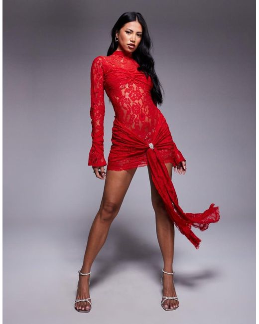 Murci Red Exclusive Lace High Neck Long Sleeve Diamante Detail Drape Front Mini Dress