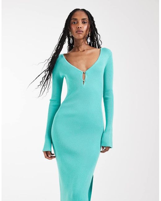 Kaiia Blue Exclusive Ribbed Knit Plunge V-neck Flared Sleeve Thigh Split Maxi Dress