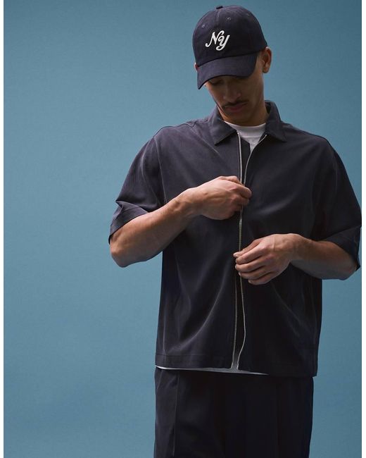 Bershka Blue Fluid Boxy Short Sleeve Shirt for men