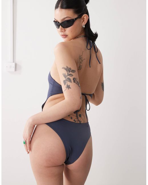 Weekday Blue Halter Neck Shiny Swimsuit With Open Back Tie Detail