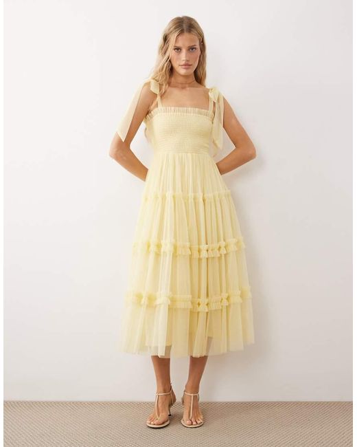 LACE & BEADS Natural Bridesmaid Bow Shoulders Tulle Midi Dress