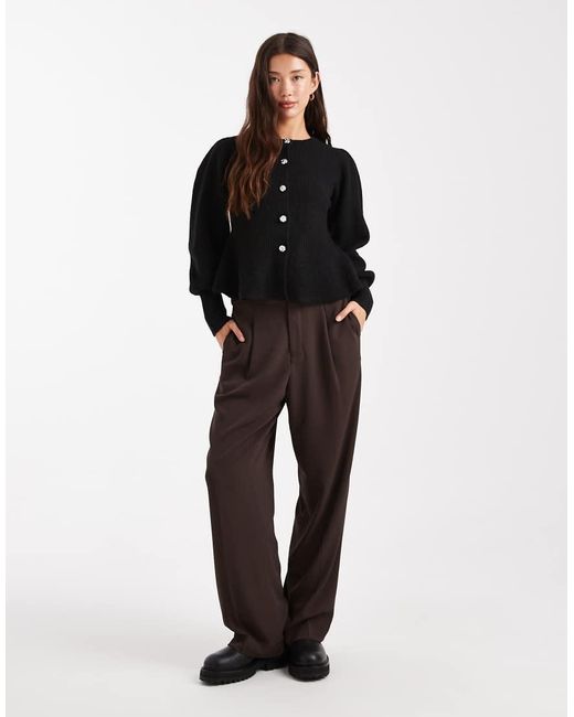 Pieces Black Cinched Waist Balloon Sleeve Cardigan With Hammered Buttons