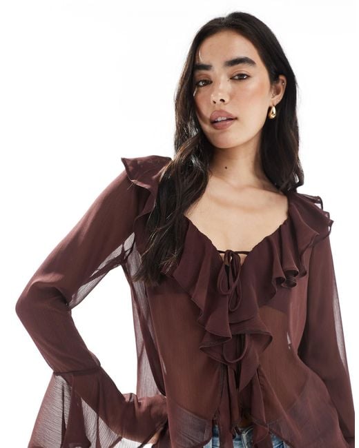 Miss Selfridge Brown Chiffon Ruffle Tie Front Top