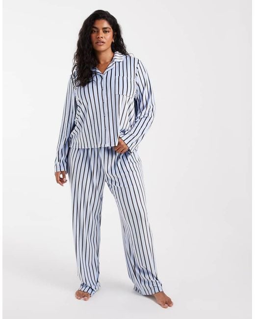 Loungeable Blue Curve Cozy Velour Camp Collar Button Up Shirt And Pants Pajama Set