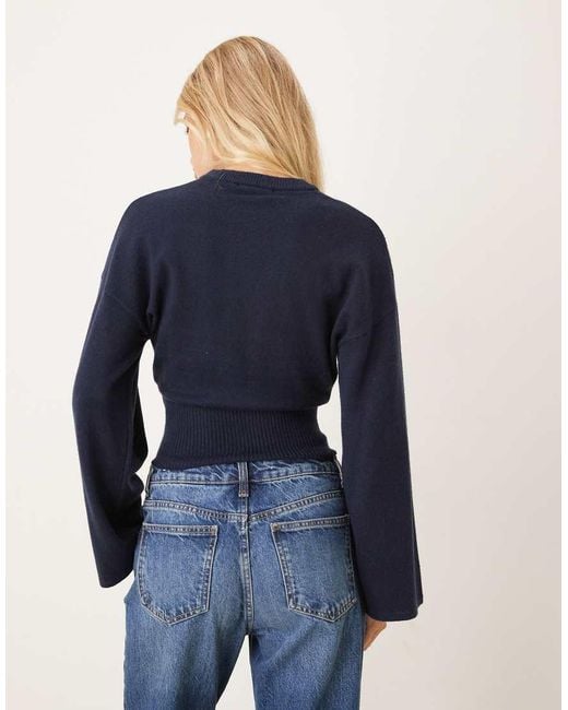 Gina Tricot Blue Crew Neck Wide Sleeve Fitted Knitted Jumper