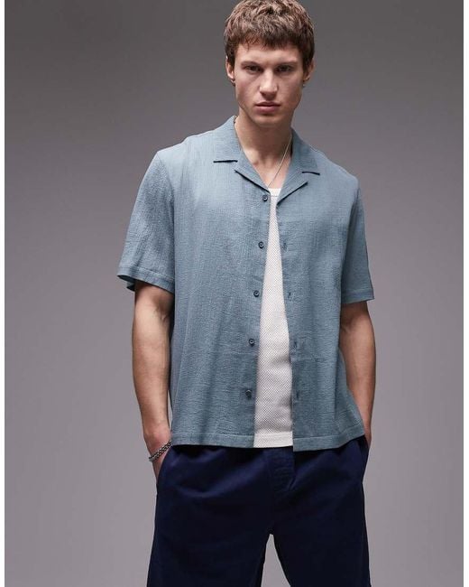 Topman Blue Short Sleeve Crinkle Shirt for men