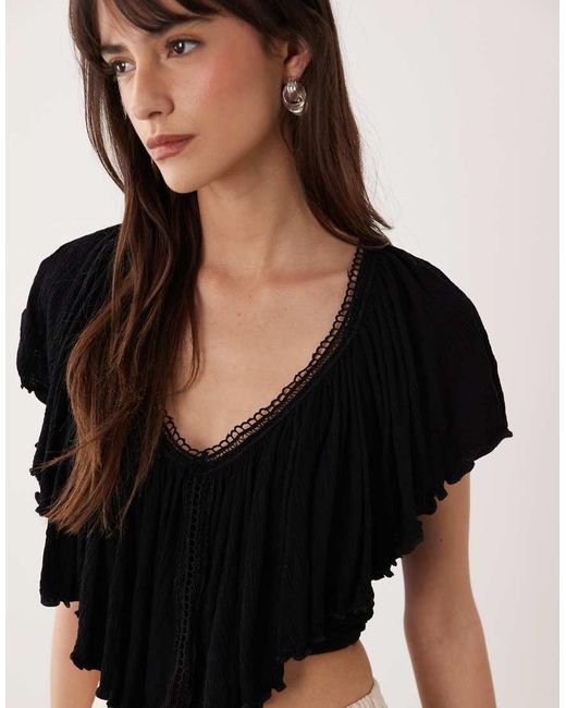 ASOS Black Crinkle Tie Back Flutter Sleeve Top With Lace Trim