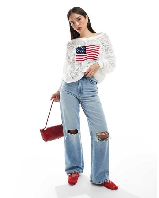 Hollister White Easy Off-the-shoulder Stitchy American Flag Graphic Sweater