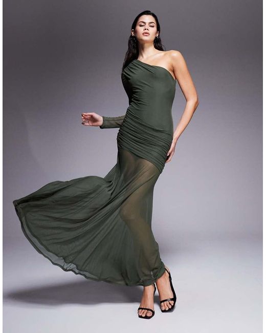 ASOS Gray Mesh One Sleeve Gauged Detail Maxi Dress With Full Skirt
