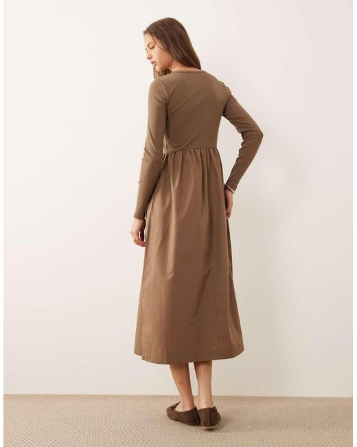 Threadbare Natural Jersey Poplin-mix Midi Dress With Button-through Top
