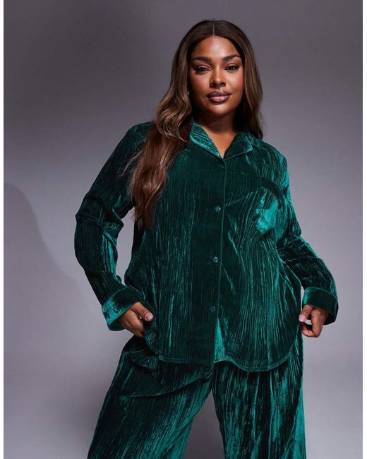 ASOS Blue Asos Design Curve Velvet Texture Pajama Set