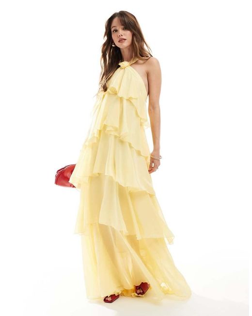 Vero Moda Metallic Felicia Halter Neck Tiered Maxi Dress With Corsage Detail