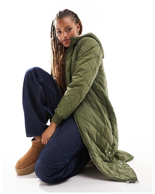 ONLY Green Quilted Longline Coat With Teddy Hood