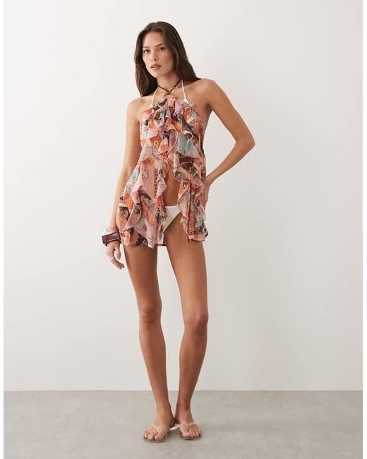 Miss Selfridge Brown Beach Ring Detail Halterneck Cut About Scarf Print Cover Up