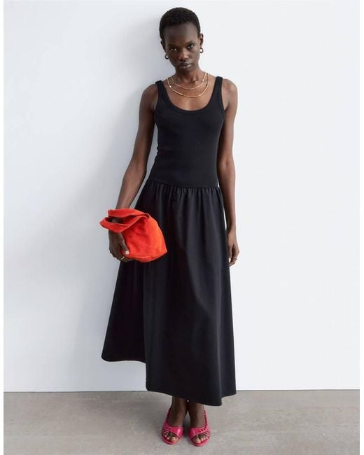 & Other Stories Black Fitted Bodice Maxi Jersey Dress With Cotton Poplin Skirting