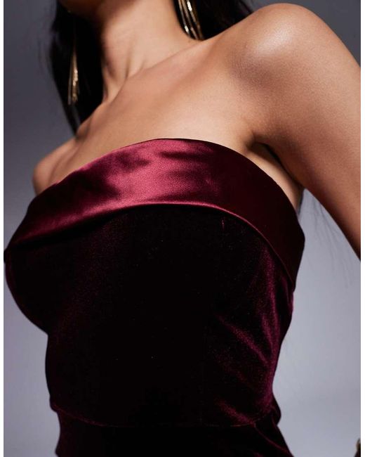 In The Style Black Velvet Bandeau Midi Dress With Contrast Satin Foldover Detail