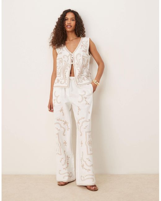 ASOS Natural Linen Look Pull On Trousers Co-ord With Embroidery