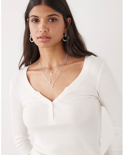 Monki White Long Sleeve Henley Button Top With Flared Sleeves
