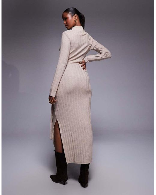 ASOS Natural Ribbed High Neck Tie Front Midi Dress