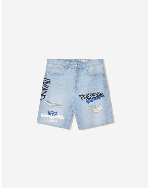 Bershka Blue Printed Denim Bermuda Shorts for men