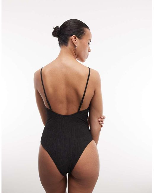 Monki Black Crinkle Scoop Neck High Leg Swimsuit