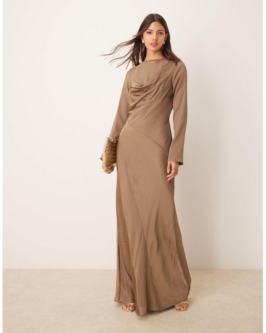 ASOS Cowl Neck Satin Chiffon Mix Long Sleeve Maxi Dress in Natural | Lyst